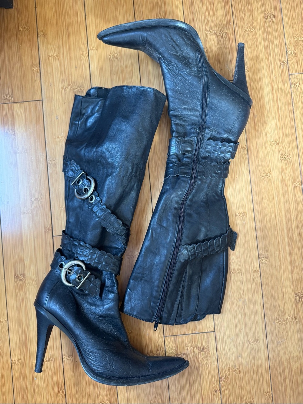 Women's Black Leather High-Heel Buckle Knee Boots